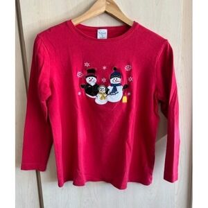 Westbound Petites Red Holiday Snowman Winter Embroidered 3/4 Sleeve‎ Top Sz PM